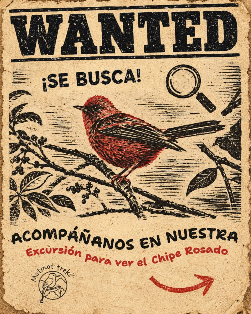 Afiche de la salida del Chipe Rosado: un chipe rojo grabado sobre una rama, bajo las palabras «Wanted» y «¡Se busca!».
