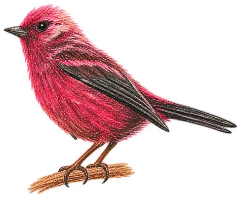 Drawing of a Pink-headed Warbler perched on a branch, pink plumage and dark wings
