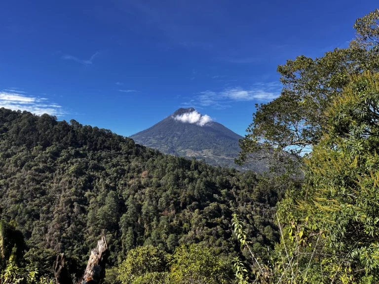 Volcán de Agua above the forested hills, seen from San Cristóbal El Alto